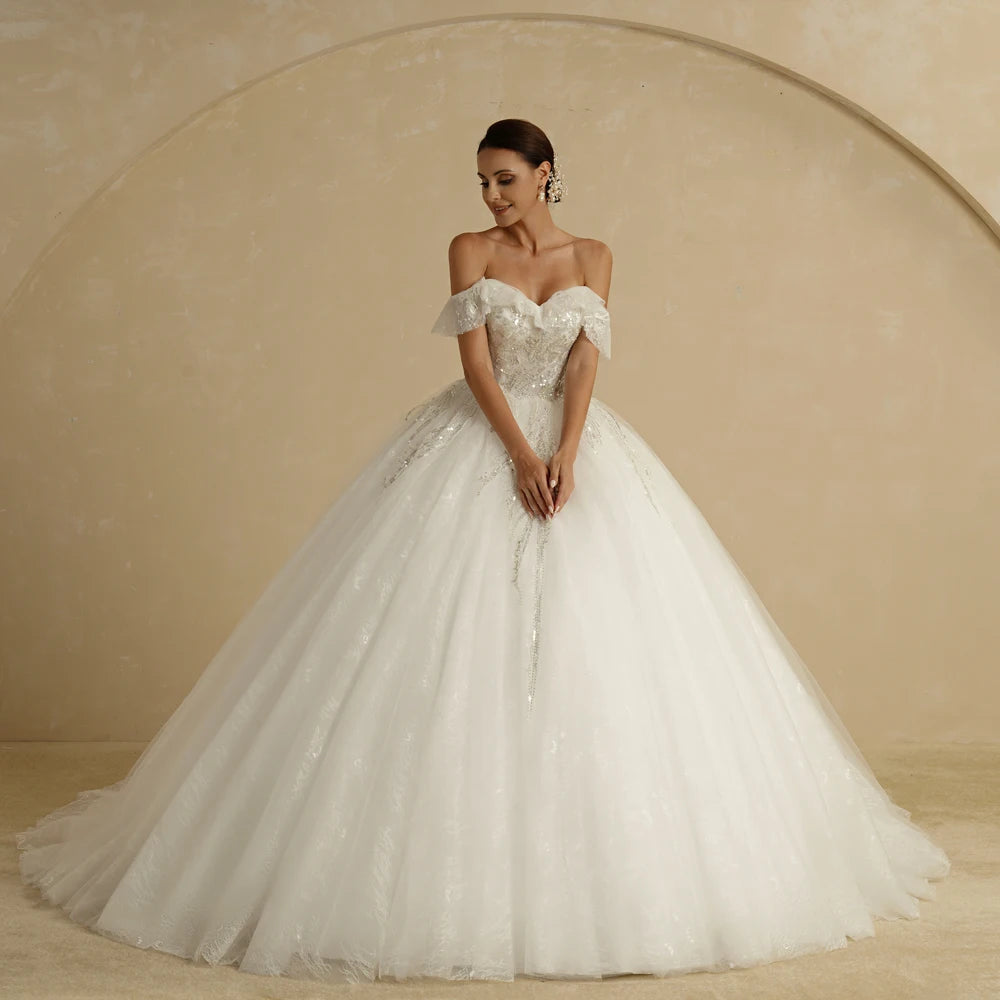 BEPEITHY Customized Luxury Strapless A Line Glitter Wedding Dresses Off The Shoulder Women Ivory Bling-Bling Bride Bridal Gown
