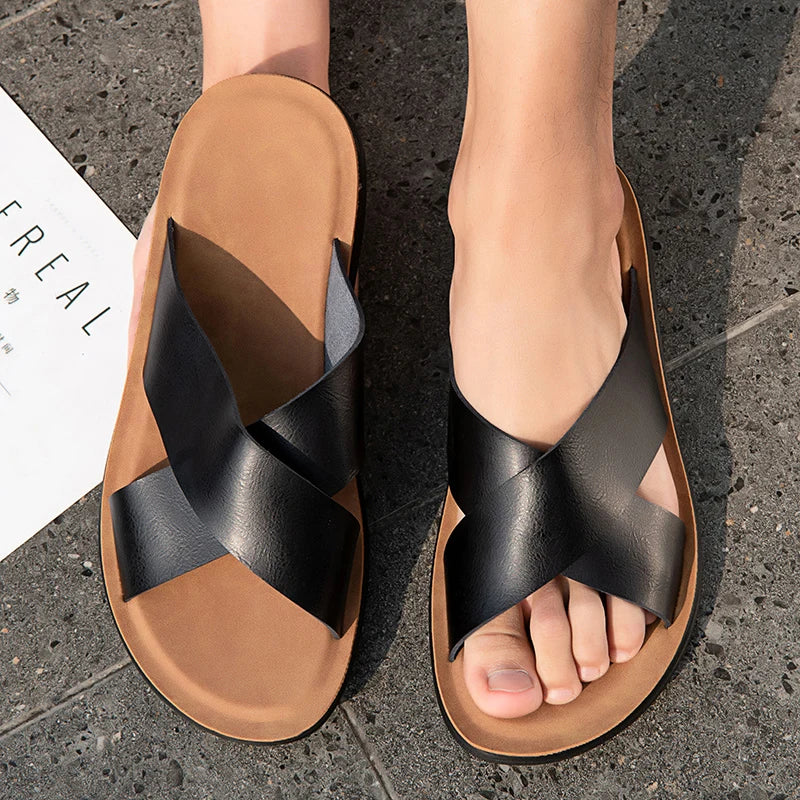 Summer Sandals High Quality Leather Men Bare Toe Slippers Men Shoes Slip on Casual Shoes Outdoor Mens Slides Comfy Beach Sandals