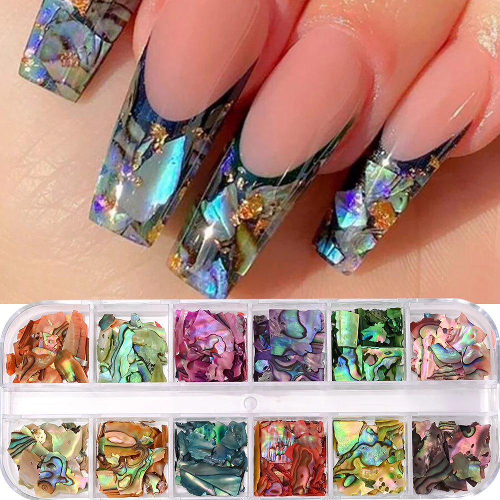 Set 12 Colores Láminas de Concha de Abalón para Nail Art – Efecto Aurora