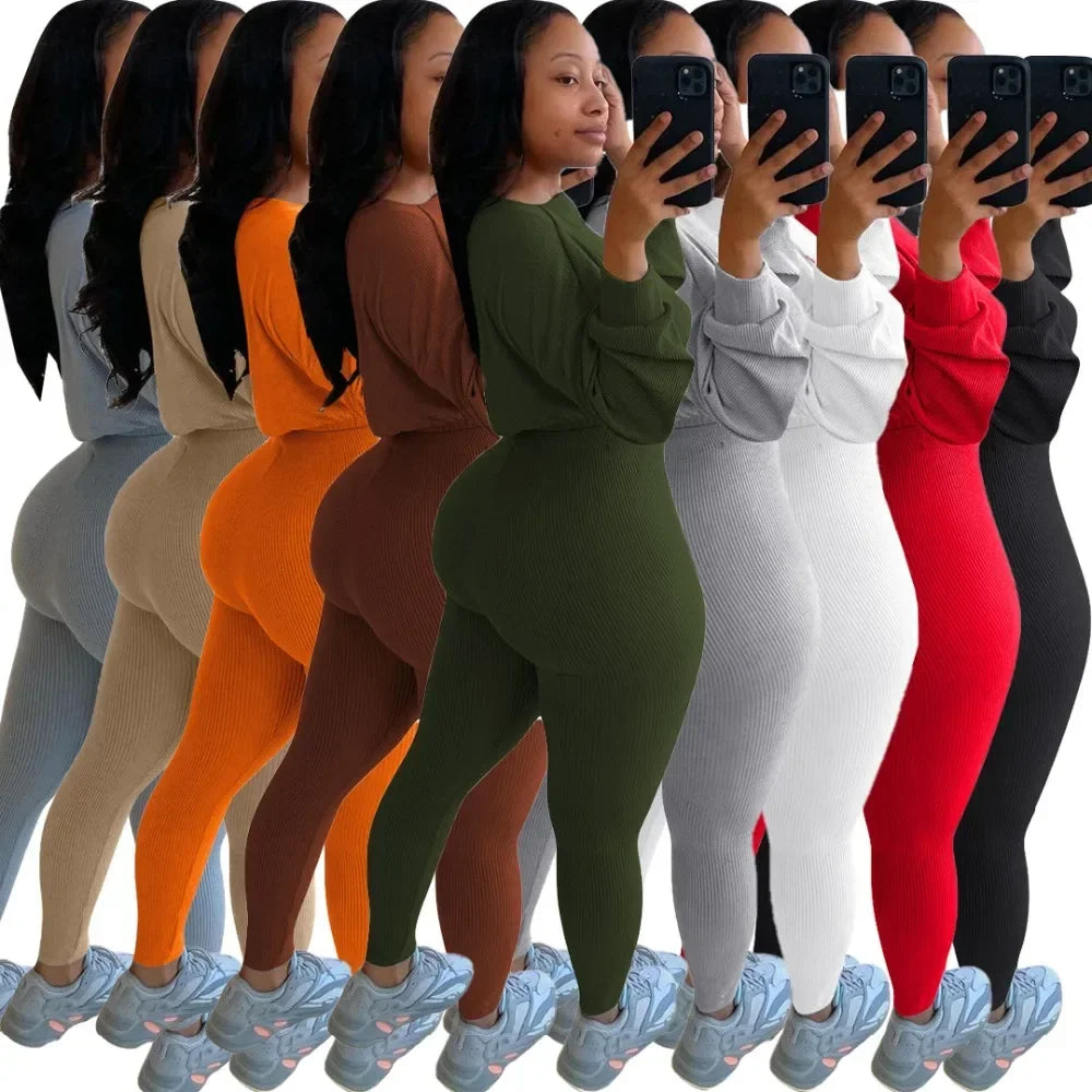 Fashion Summer Solid Lucky Label Letter Embroidery Two Piece Sets Women Sweatshirt+Leggings Casual Sporty Tracksuits Female