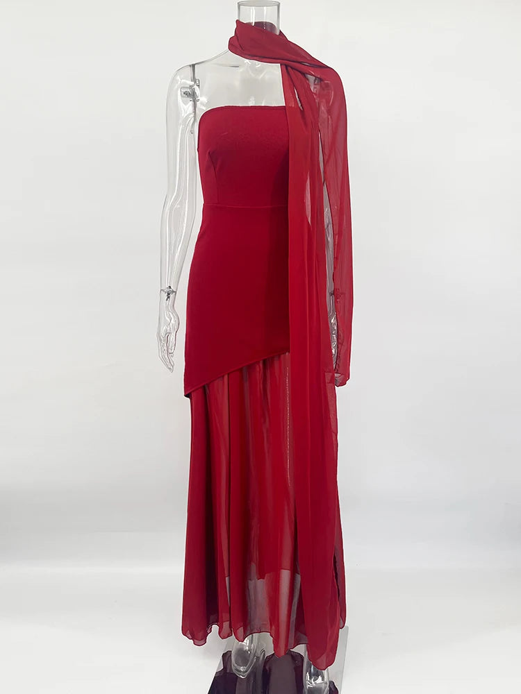 2025 New Strapless Dress With Ribbon Women's Elegant Sleeveless Mesh Beach Vacation Long Dress Spring Fashion Lady Dress