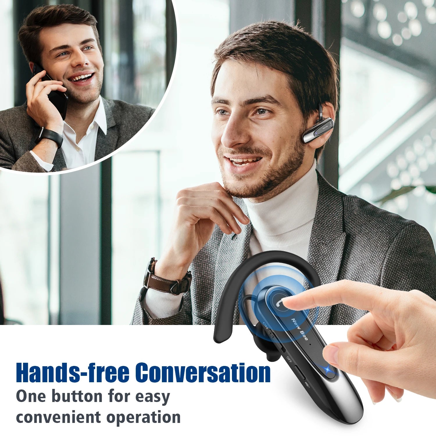 New Bee B45 Wireless Bluetooth Headset Earphones V5.0 Headphones with Dual Mics CVC8.0 Hands-Free Earpiece for Driving Business