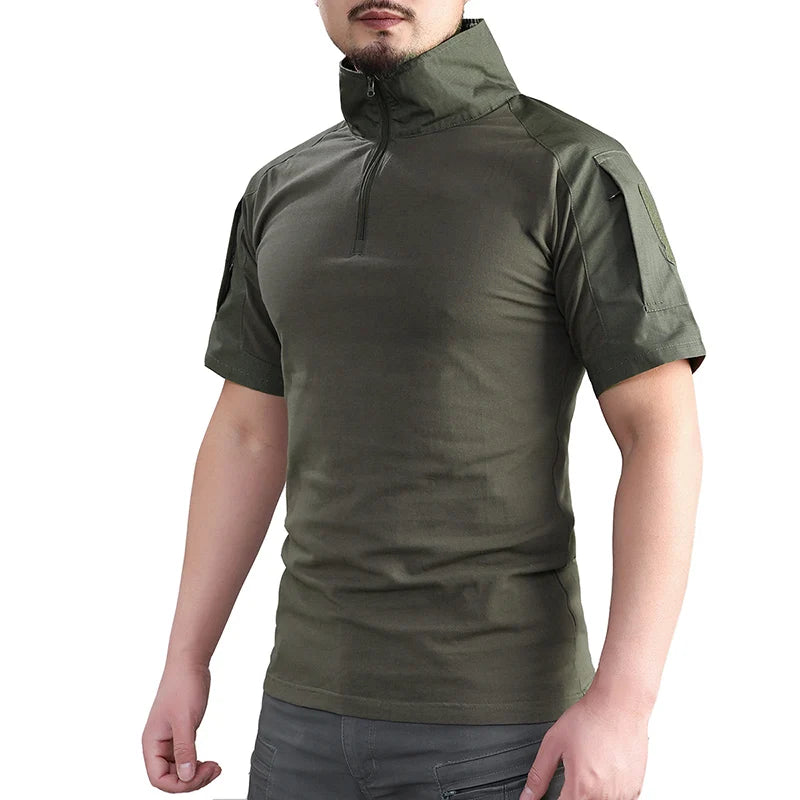 Summer Short Sleeve Combat Shirt Men 1/4 Zipper Cotton Tactical T Shirt Navy Blue Outdoor Shirts With Zipper Pocket