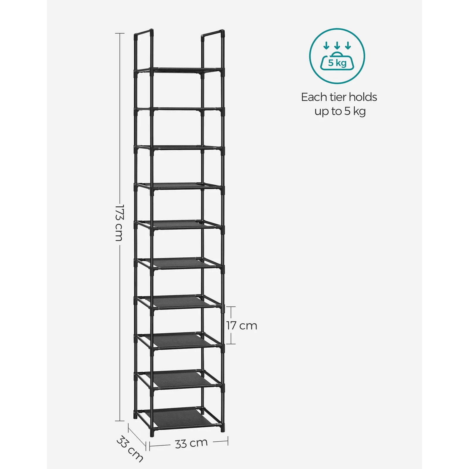 SONGMICS 10-Tier Shoe Rack, Shoe Stand, Space-Saving Shoe Storage, 33 x 33 x 173 cm, Metal Frame, Non-Woven Fabric Shelves