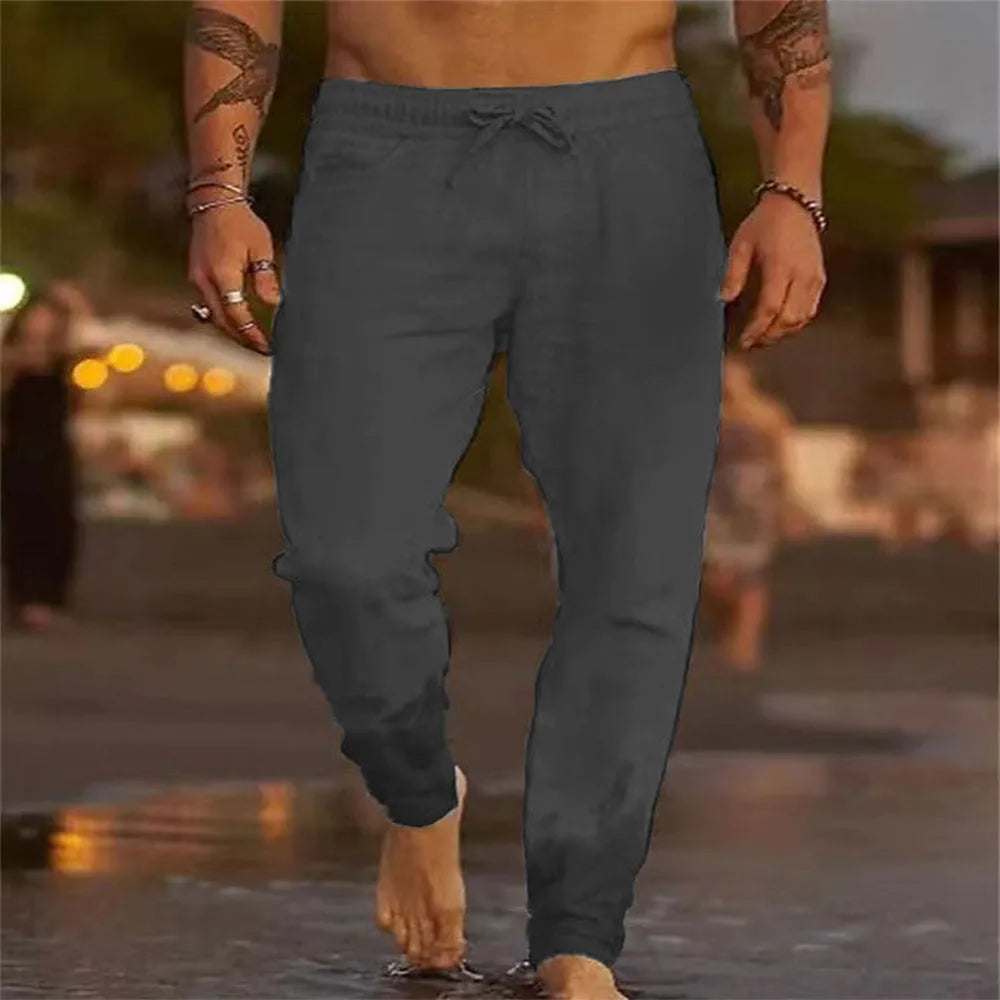 Men's Beach Pants Joggers Streetwear Cotton Linen Sweatpants Casual Pants Hawaiian Vacation Loose Summer Straight Pants Male