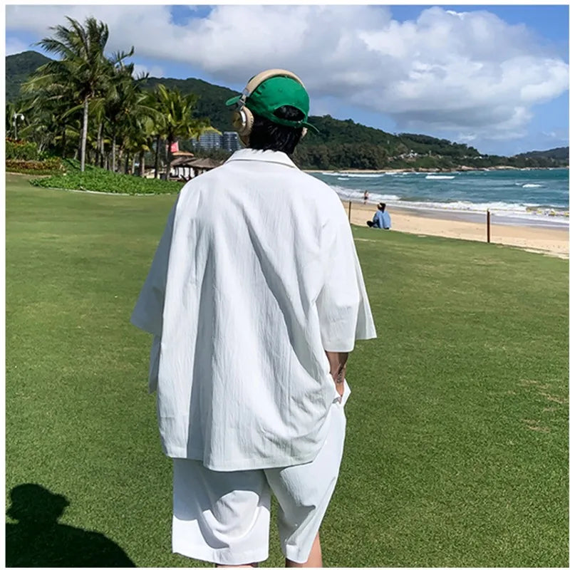 Summer Two-Piece Men's Sets Shirt and Shorts Casual Outfits Oversized Short Suit Plain Clothes Clean Fit Black White Green