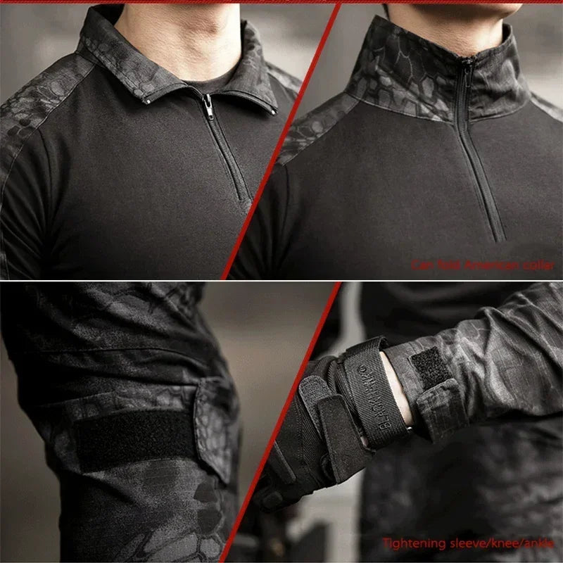 Outdoor Long Sleeve Tactical Shirts Combat Shirt 1/4 Zipper Ripstop Cotton Wear-resisting Camo Airsoft T Shirts Men Clothing