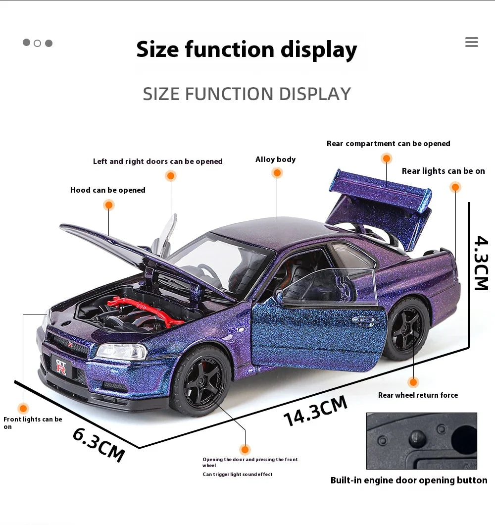 1:32 Nissan GTR R34 Skyline Street Car Version Supercar Diecast Model Car Alloy Metal Car Accessories Ornament Automobile Gifts