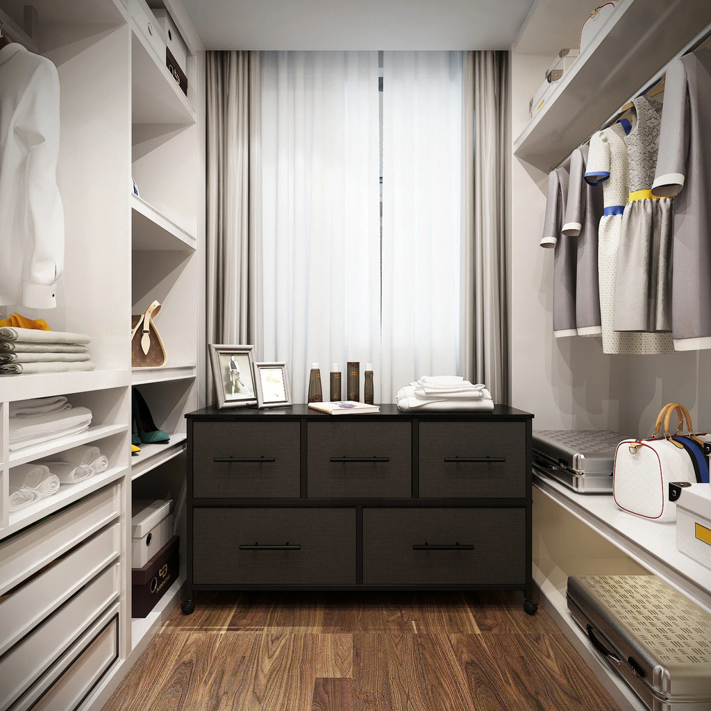 Chest of Drawer Dresser for Bedroom with 5 Fabric Drawers TV Stand with 4 Castors Storage Organizer Unit for Living Room