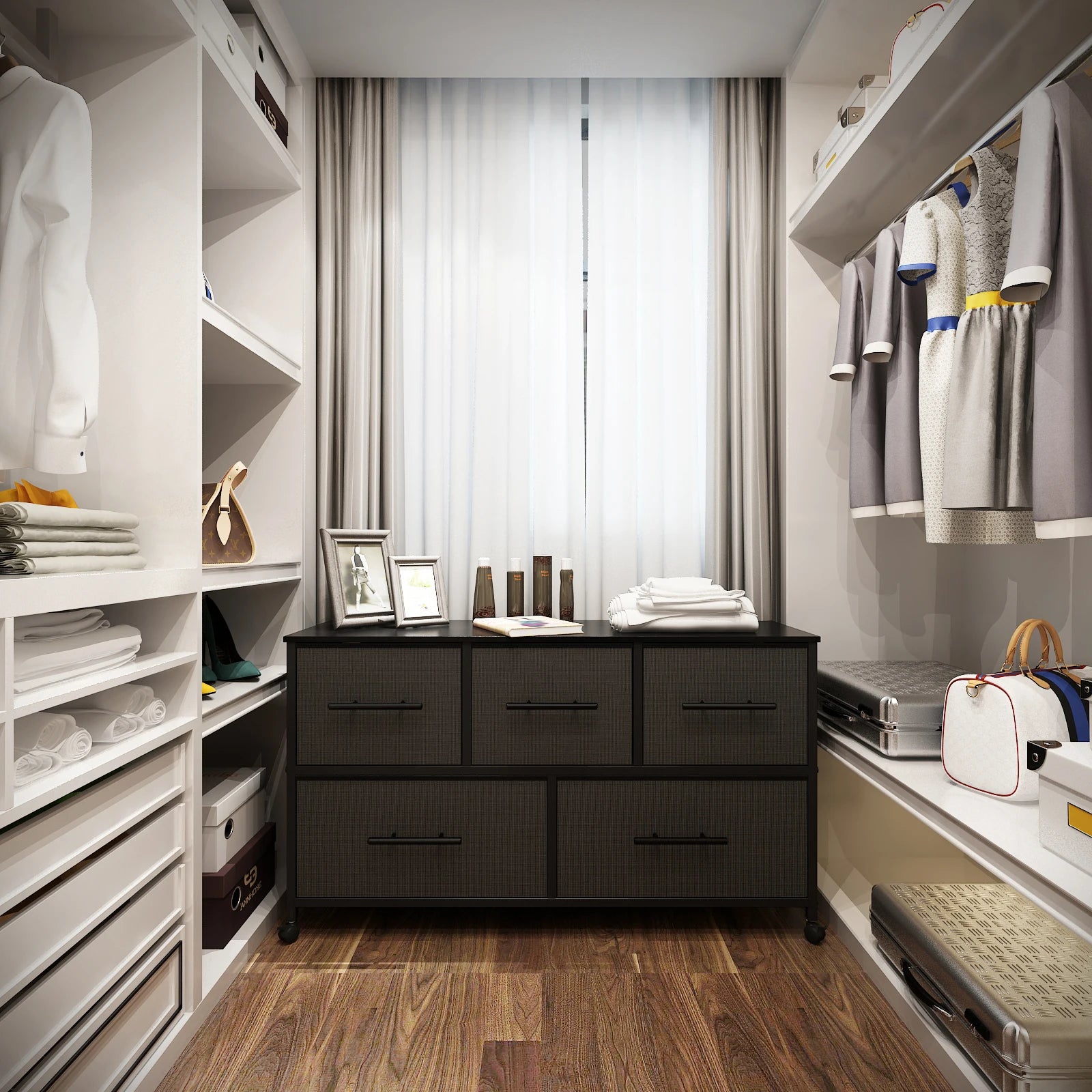 Chest of Drawer Dresser for Bedroom with 5 Fabric Drawers TV Stand with 4 Castors Storage Organizer Unit for Living Room
