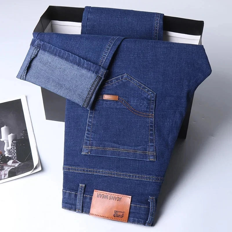 New Men Light Luxury Stretch Slim Fit Pants Comfortable Soft Business Fashion Straight Casual Denim Trousers Male Brand Clothing