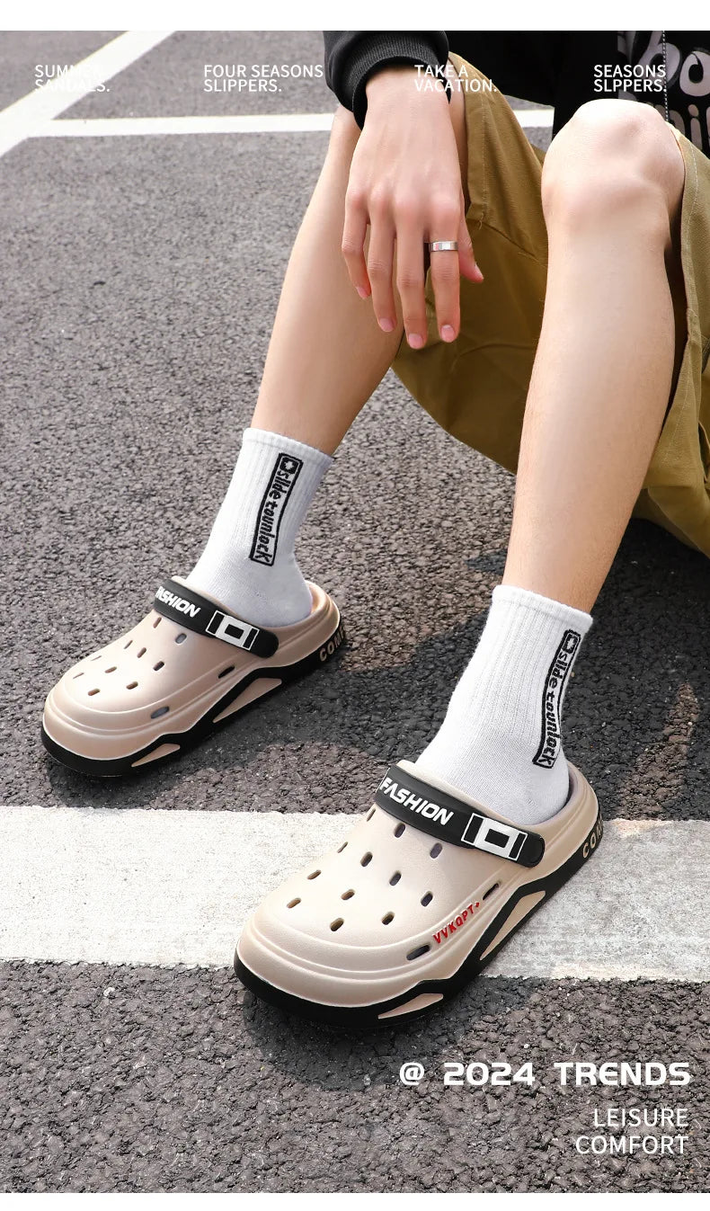 2025 NEW Men Clogs Slippers Fashion Hole Shoes Beach Sandals Indoor House Flats Shoes Lightweight Soft Bathroom Slides