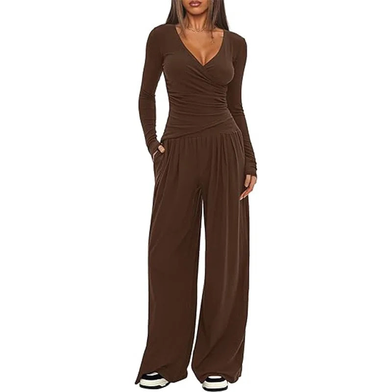 2025 autumn and winter wide leg pants set, women's long sleeved multi occasion sportswear, commuting hot selling item