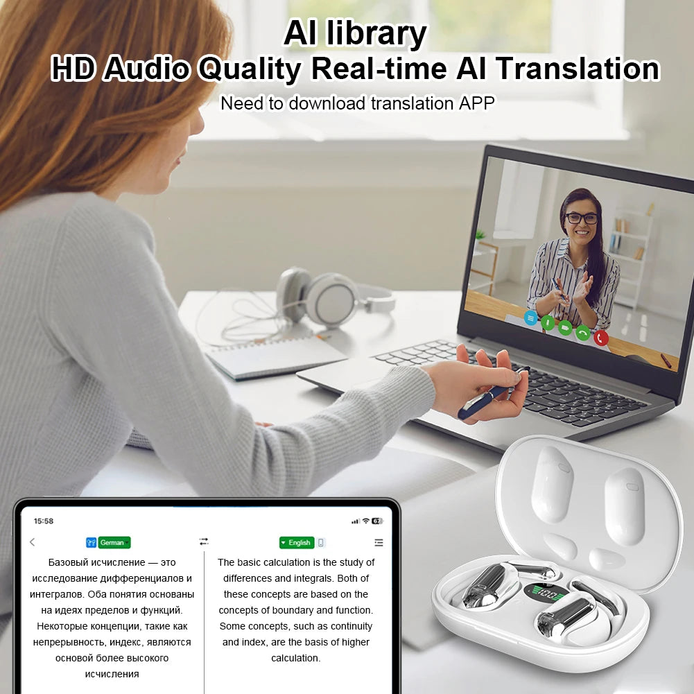 Wireless AI Translator Earbuds 3-in-1 144 Languages Noise Cancelling Bluetooth 5.3 Headset Instant Translator Smart Voice Real T