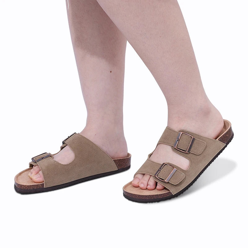 Litfun Women's Cork Footbed Sandals Classic Flat Sandals Fashion Thick Bottom Double Buckle Slides Beach Sandals With Adjustable