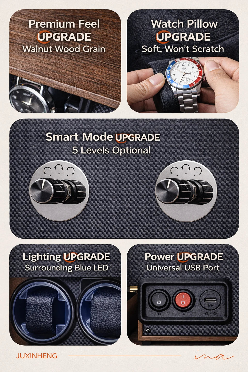 Watch Winders for Automatic Watches witn Light 1slots/2slots/4slots/6slots Watches Rotate Stand 5V-9V,1A-2A USB Cable Connection