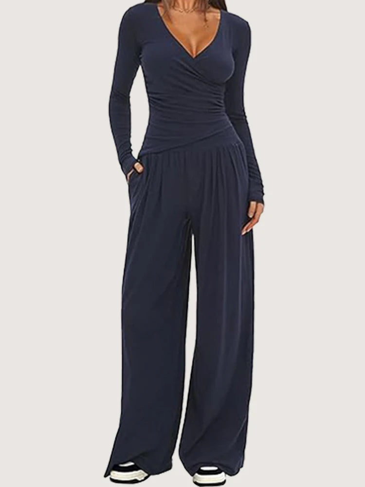 2025 autumn and winter wide leg pants set, women's long sleeved multi occasion sportswear, commuting hot selling item