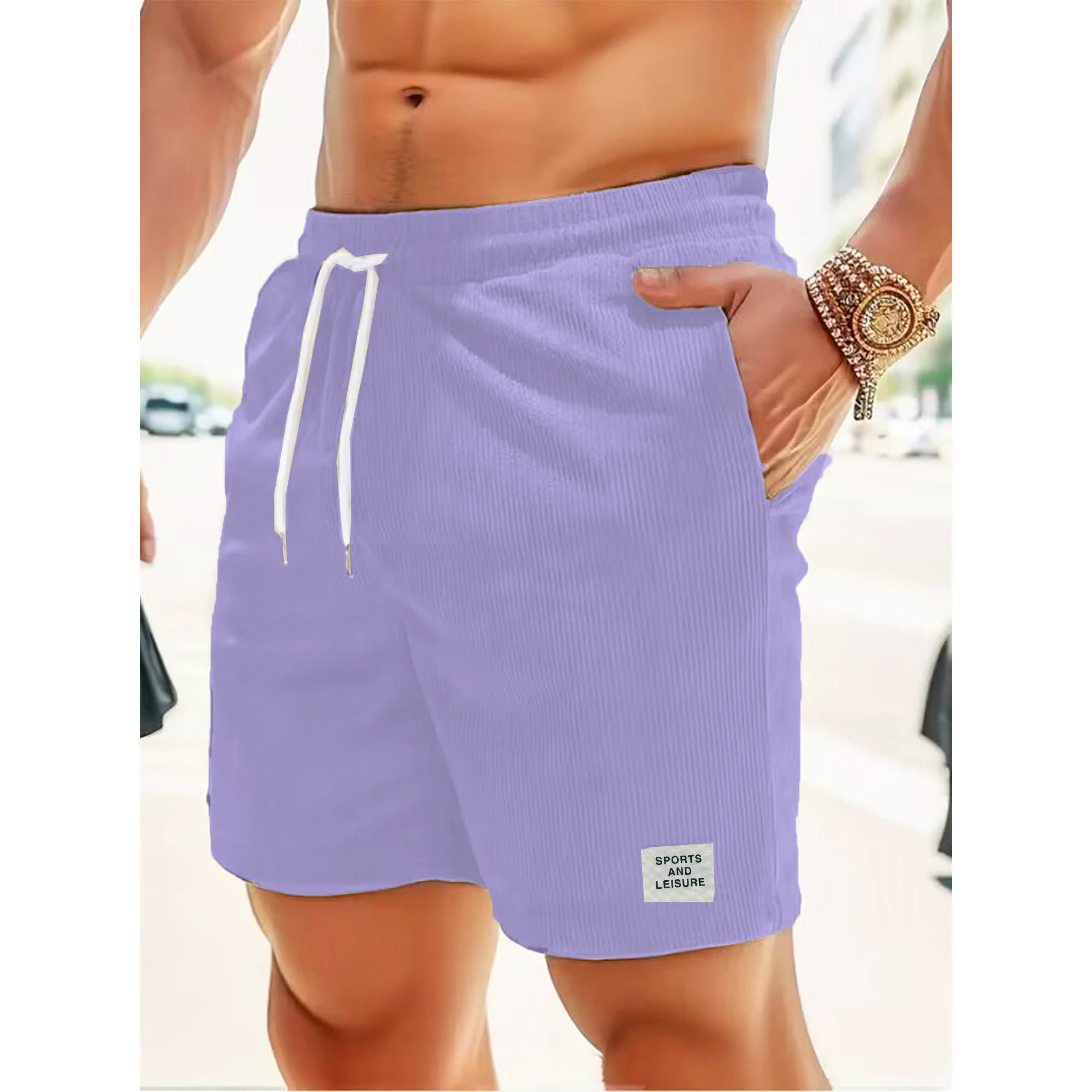 Summer new solid color lace-up sweatpants corduroy simple quarter shorts men's shorts casual pants