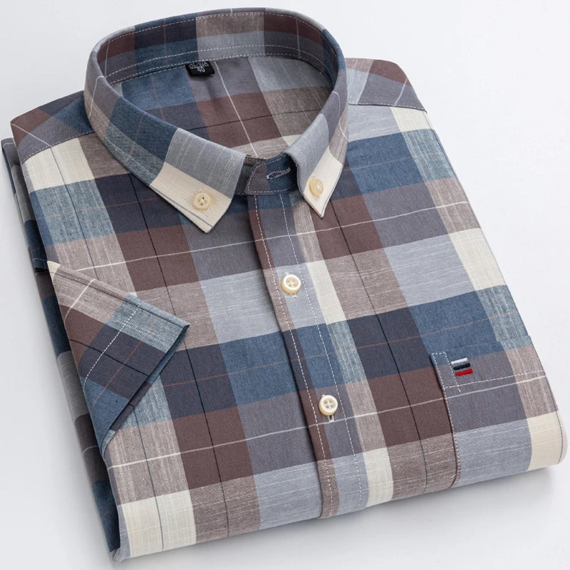 2026 100% Pure Cotton Men's Oxford Short Sleeve Square Collar Soild Plaid Striped Summer Casual Shirts Single Pocket  Shirt