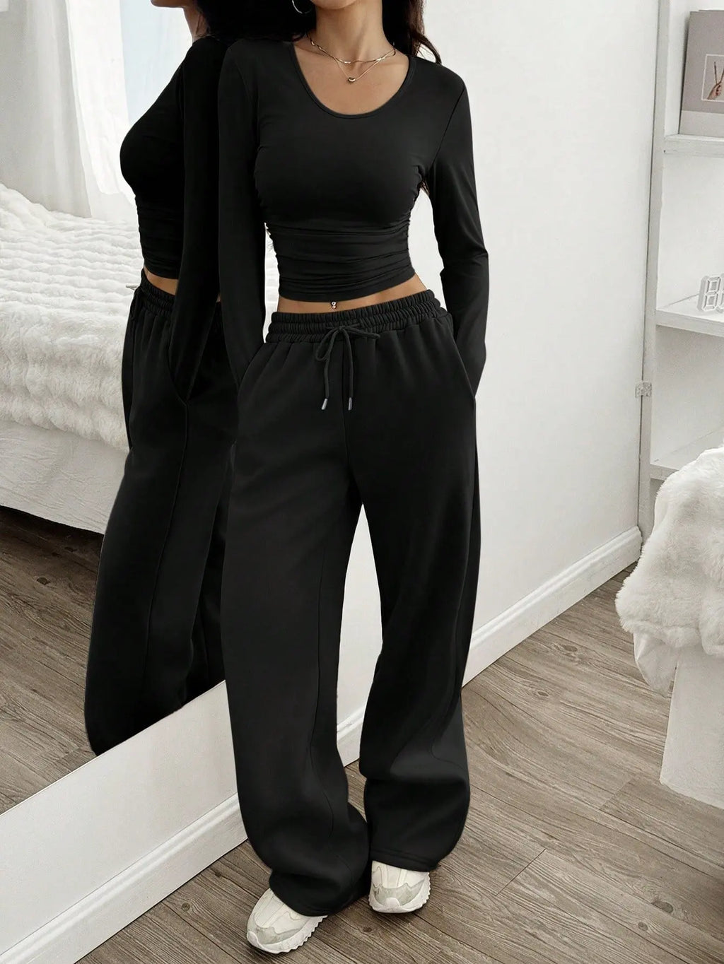 Women's Fashion Casual Wide Leg Pants Long Sleeve Crew Neck Solid Color Slim Two-piece Autumn and Winter Suit