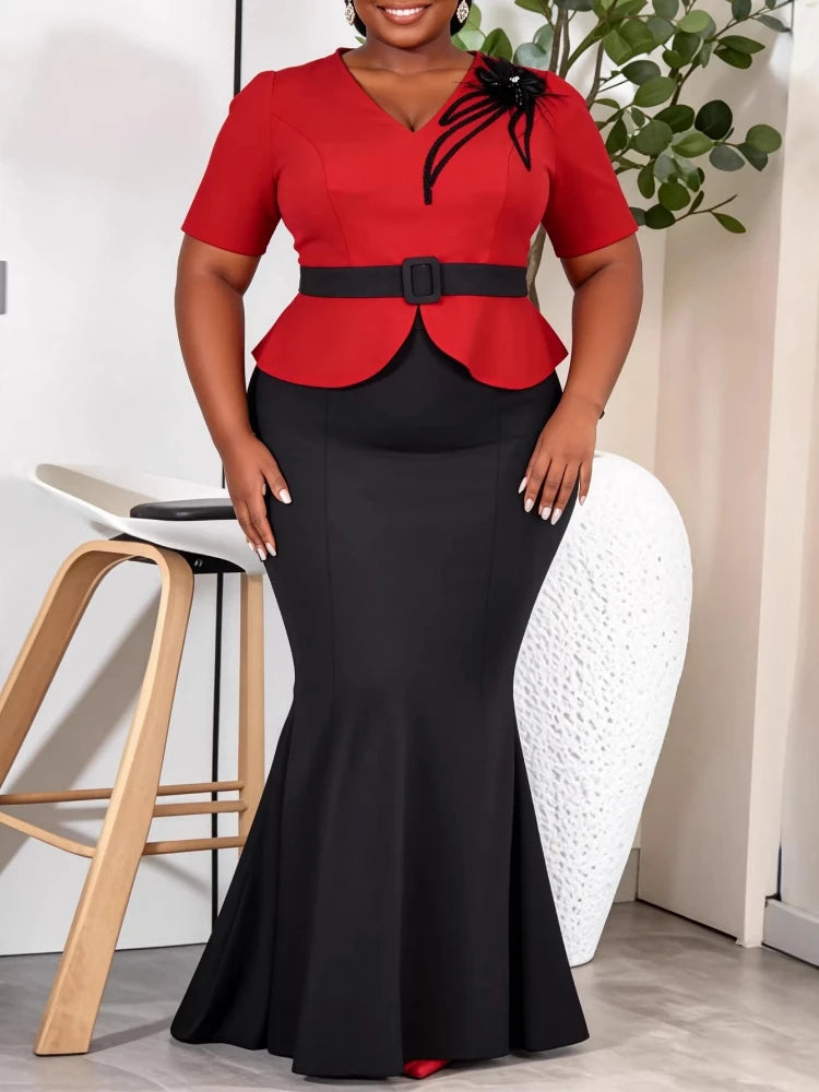 African Elegant Women Two Piece Set V Neck Short Sleeves Tops Appliques Belt Colorblock High Waist Mermaid Skirt Party Outfit