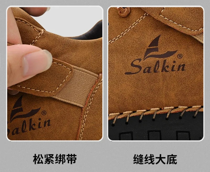 Winter New Men's Low-top Ankle Boots High Quality Hand-stitched Hook&loop Leather Casual Sneakers Classic Man Shoes Plus Size 48