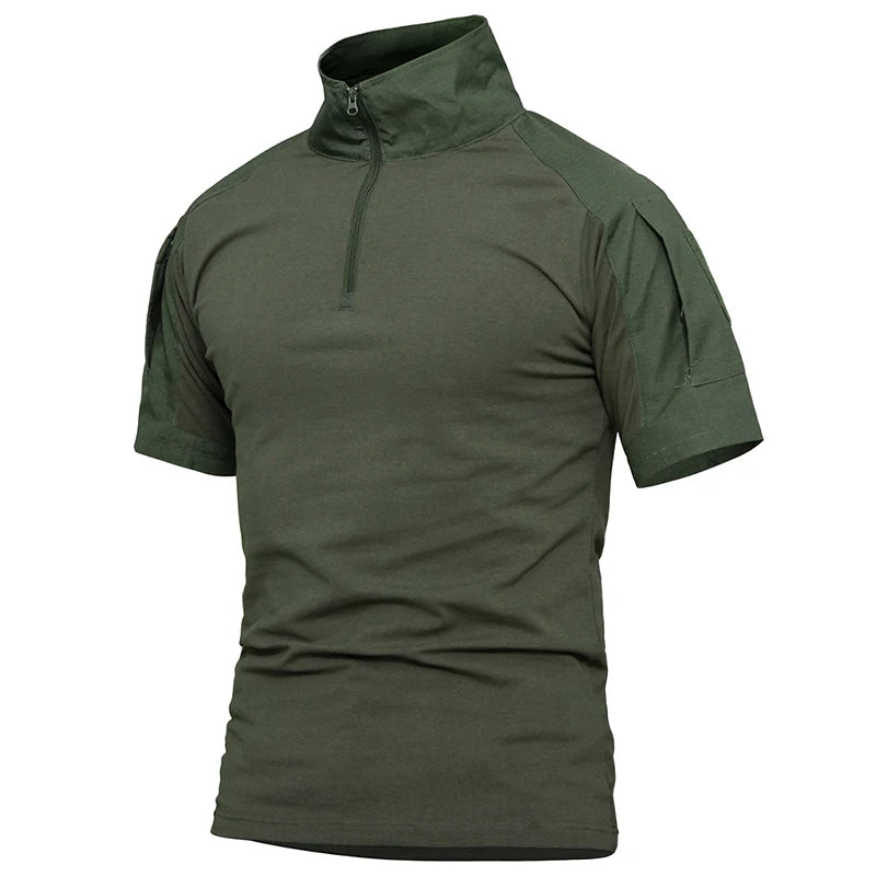 Summer Short Sleeve Combat Shirt Men 1/4 Zipper Cotton Tactical T Shirt Navy Blue Outdoor Shirts With Zipper Pocket