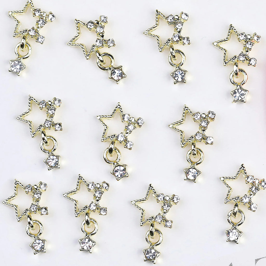 10/20PCs Silver Star Nail Charms With Rhinestones Shiny 3D Alloy Heart Nail Jewelry Y2K Charms For Acrylic Nails Decoration