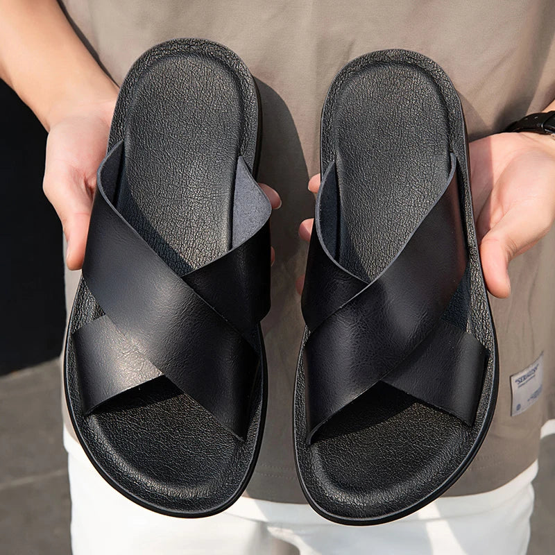 Summer Sandals High Quality Leather Men Bare Toe Slippers Men Shoes Slip on Casual Shoes Outdoor Mens Slides Comfy Beach Sandals