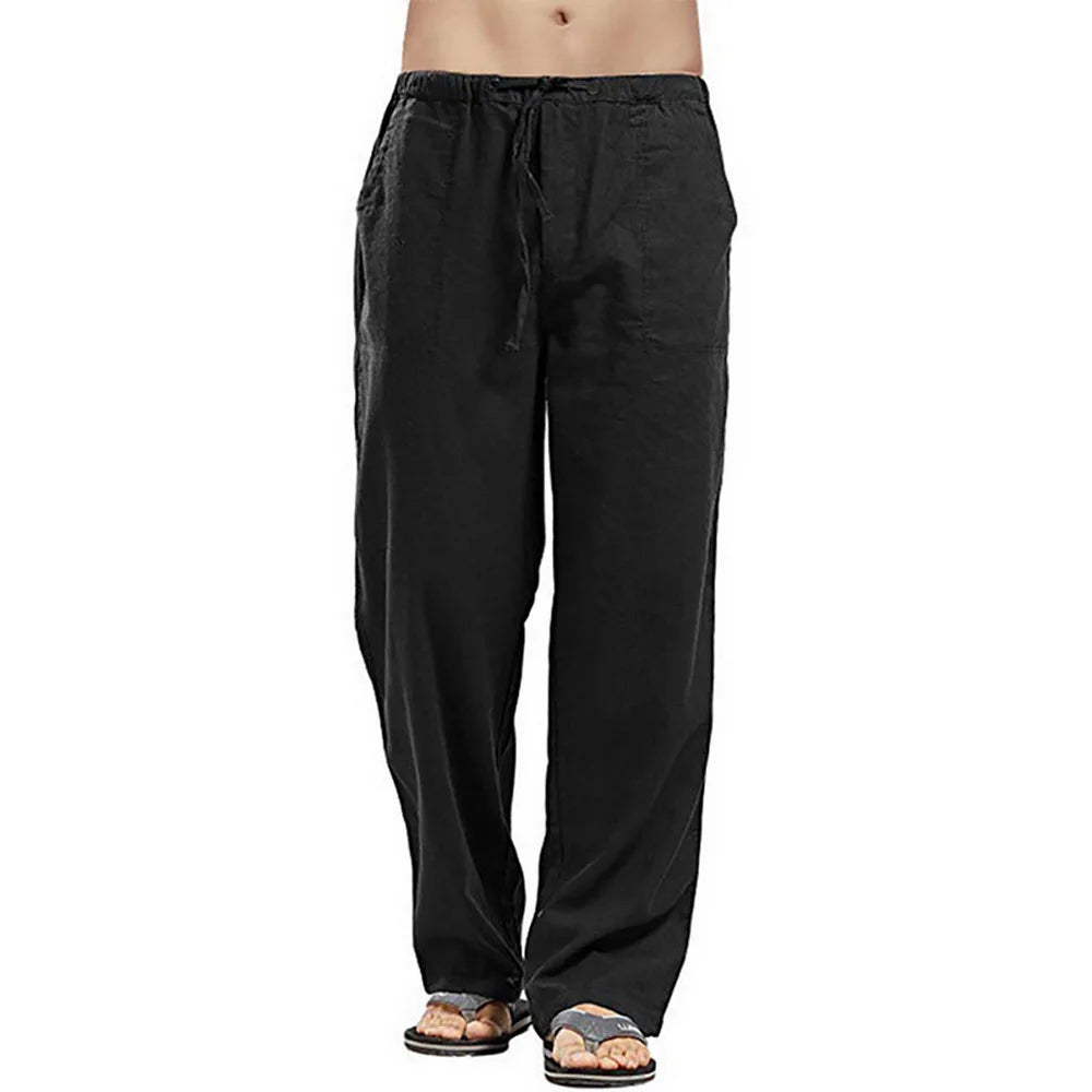 Men's Summer Loose Long Pants Elastic Waist Drawstring Leisure Resort Trousers Men Lightweight Breathable Straight Leg Pan