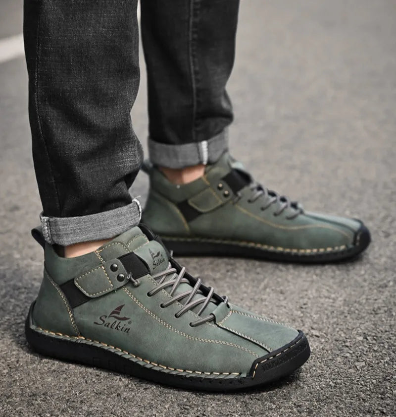 Winter New Men's Low-top Ankle Boots High Quality Hand-stitched Hook&loop Leather Casual Sneakers Classic Man Shoes Plus Size 48