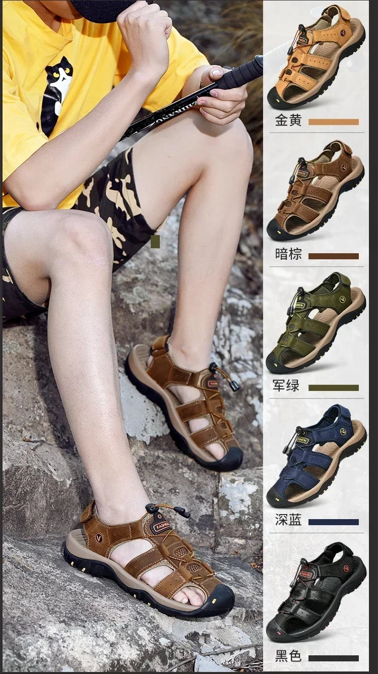 Summer Sandals Leather Outdoor Men Beach Shoes Luxury Breathable Casual Sandal Man Wading Shoes Non-slip Wide lining Slippers