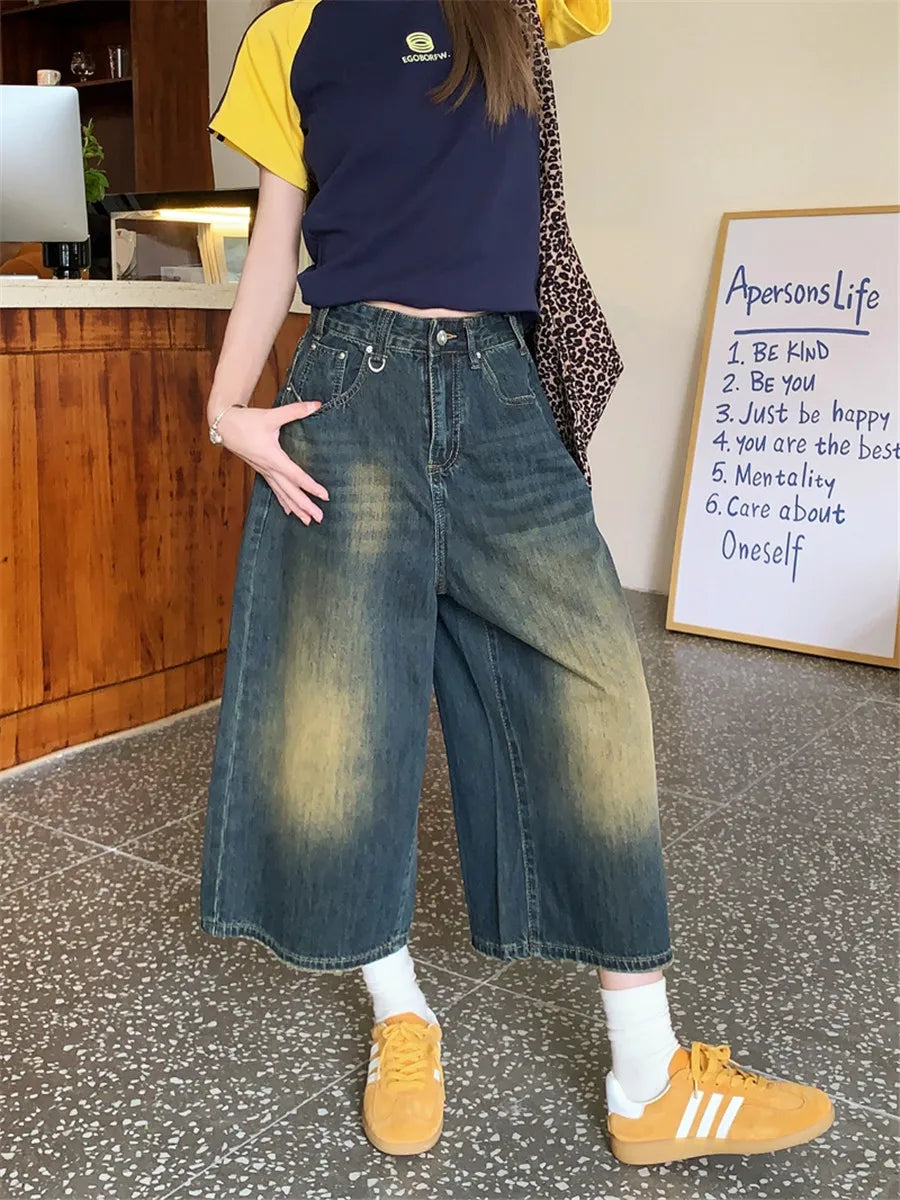 Retro Blue Wide Short Jeans Women Baggy Y2k Jorts Casual Vintage Streetwear Harajuku Korean Style Denim Shorts Basic Summer 2024