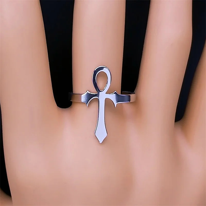Egyptian Ankh Cross Ring Stainless Steel Anubis Life Symbol Adjustable Egypt Trend Finger Ring Party Jewelry Gift for Women Men