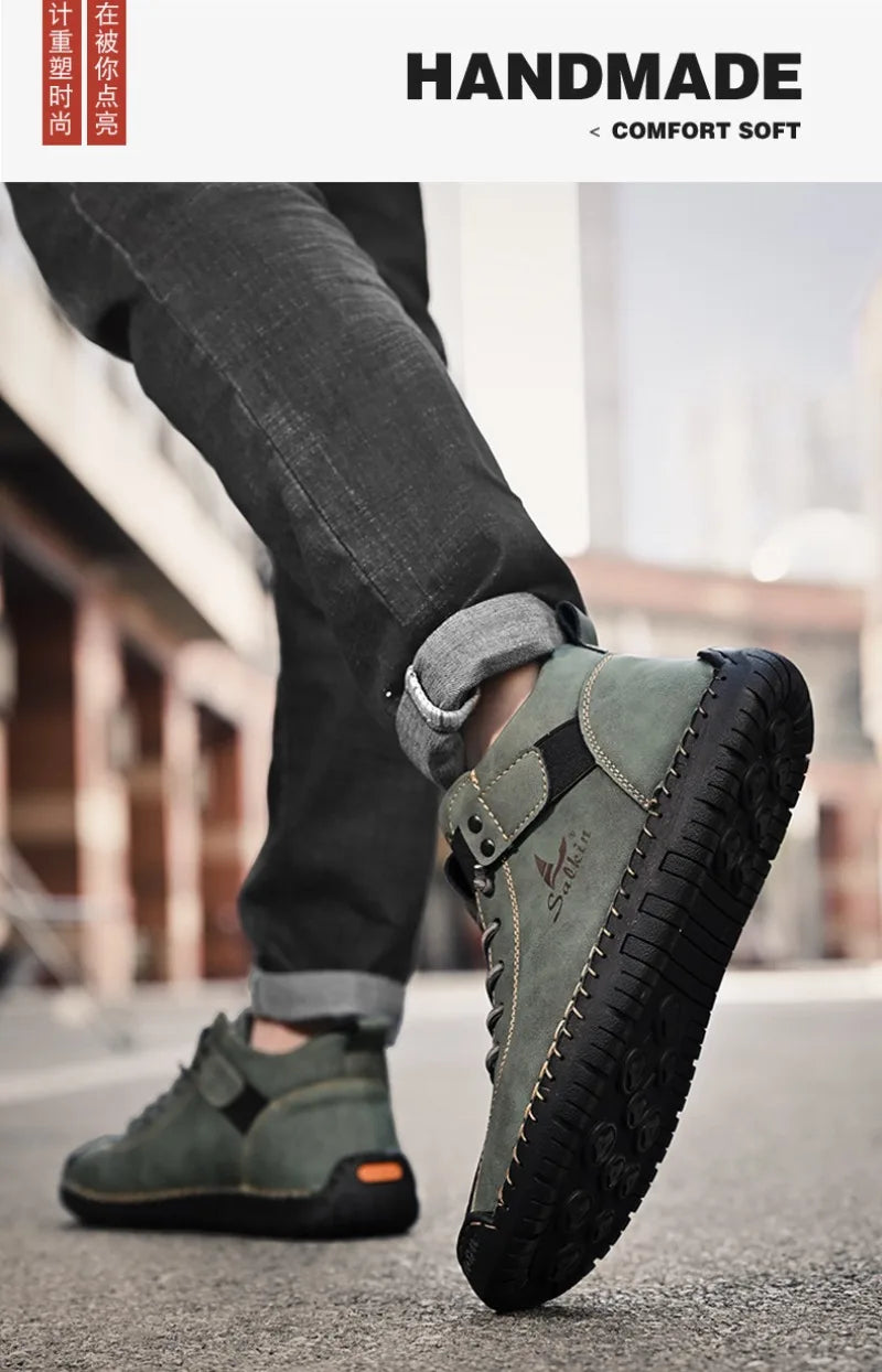 Winter New Men's Low-top Ankle Boots High Quality Hand-stitched Hook&loop Leather Casual Sneakers Classic Man Shoes Plus Size 48