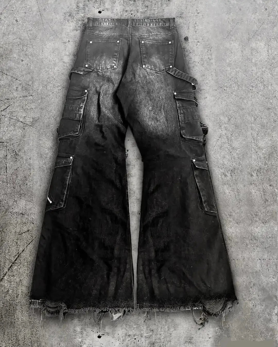Streetwear Goth Punk Multi-Pocket Cargo Jeans Mens Black Distressed Flared Denim Pants with Straps Zippers Studs  Frayed Edges