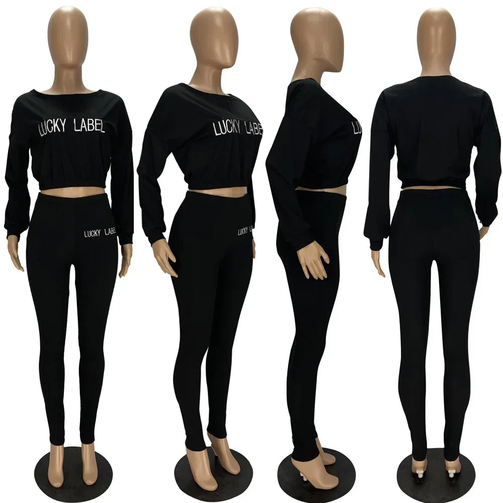 Fashion Summer Solid Lucky Label Letter Embroidery Two Piece Sets Women Sweatshirt+Leggings Casual Sporty Tracksuits Female