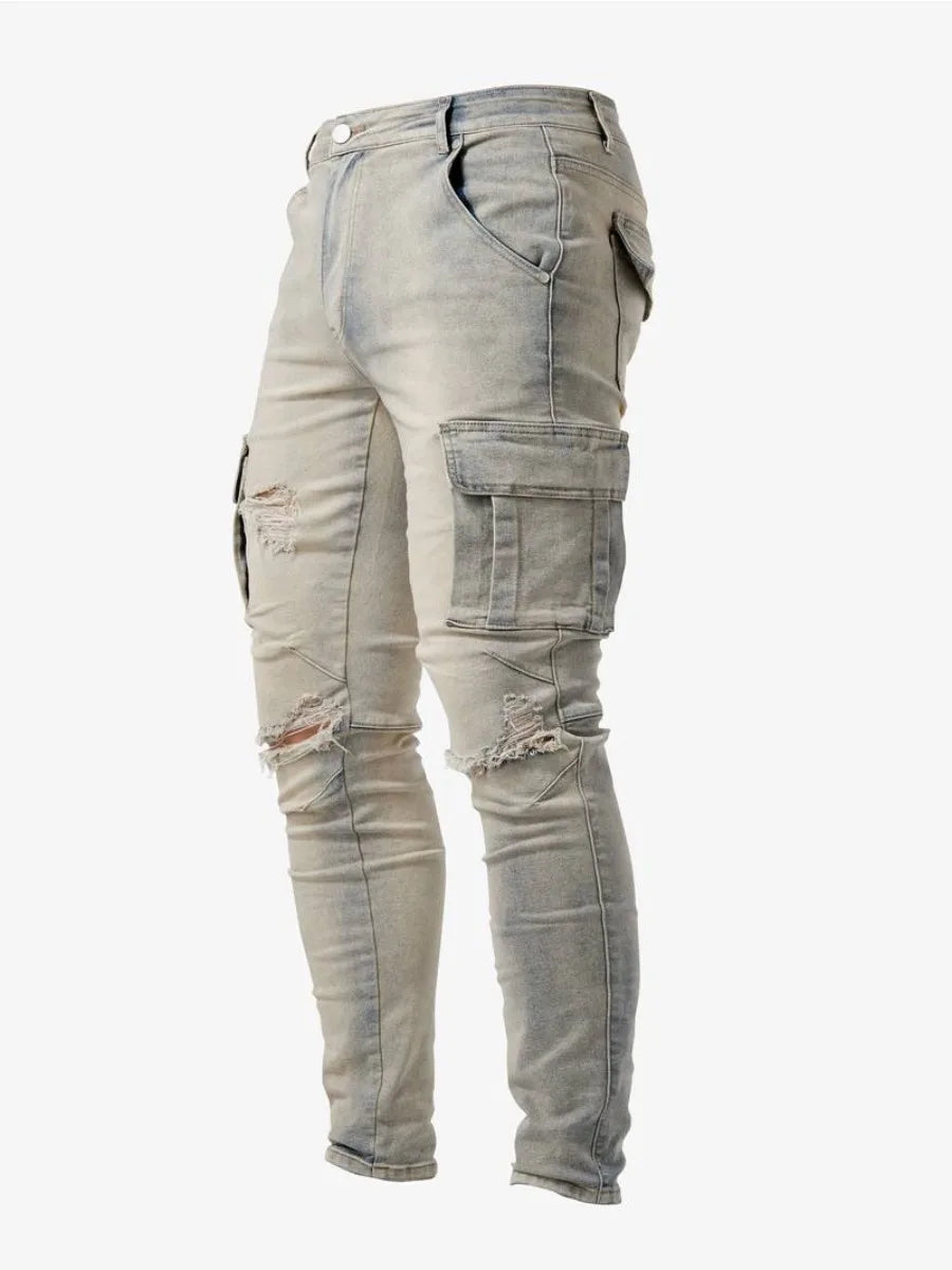 Men's Ripped Jeans Trendy Streetwear Slim Fit Tight Ripped Skinny Pants