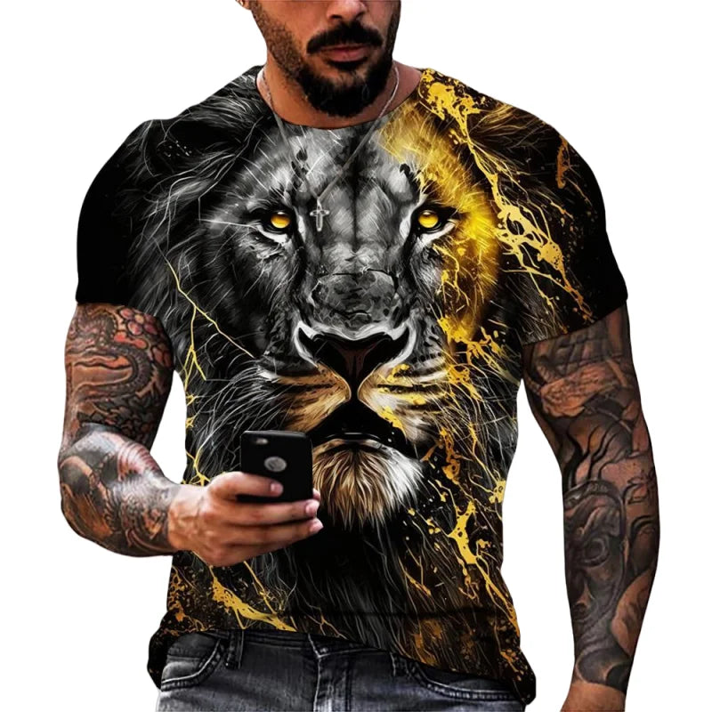 Fashion Lion Leopard Graphic T-Shirt For Men Cool Animals 3D Printed Tees Summer Round Neck Tops Oversized Short Sleeve T Shirts