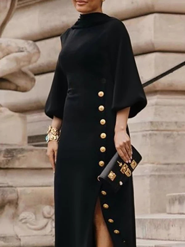 Modigirl Wedding Prom Evening Gown Party Slit Maxi Dresses for Woman 2025 New Lace Up Gold Button Womens Black Autumn Long Dress