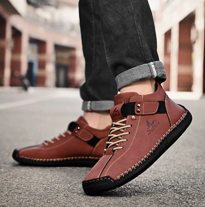 Winter New Men's Low-top Ankle Boots High Quality Hand-stitched Hook&loop Leather Casual Sneakers Classic Man Shoes Plus Size 48