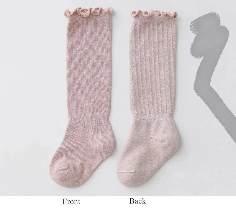 Baby Girls Lace Knee High Socks – 3 Pairs Frilly Ruffle Cotton Long Socks for Newborns & Infants