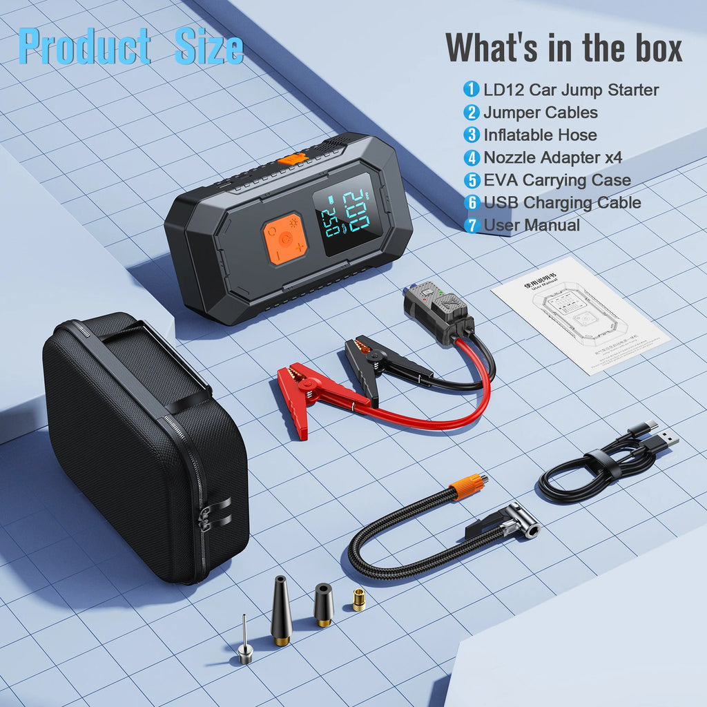 LEIBOO Car Jump Starter Air Pump Power Bank Lighting Portable Air Compressor 4 In 1 Cars Battery Starters Auto Tyre Inflator