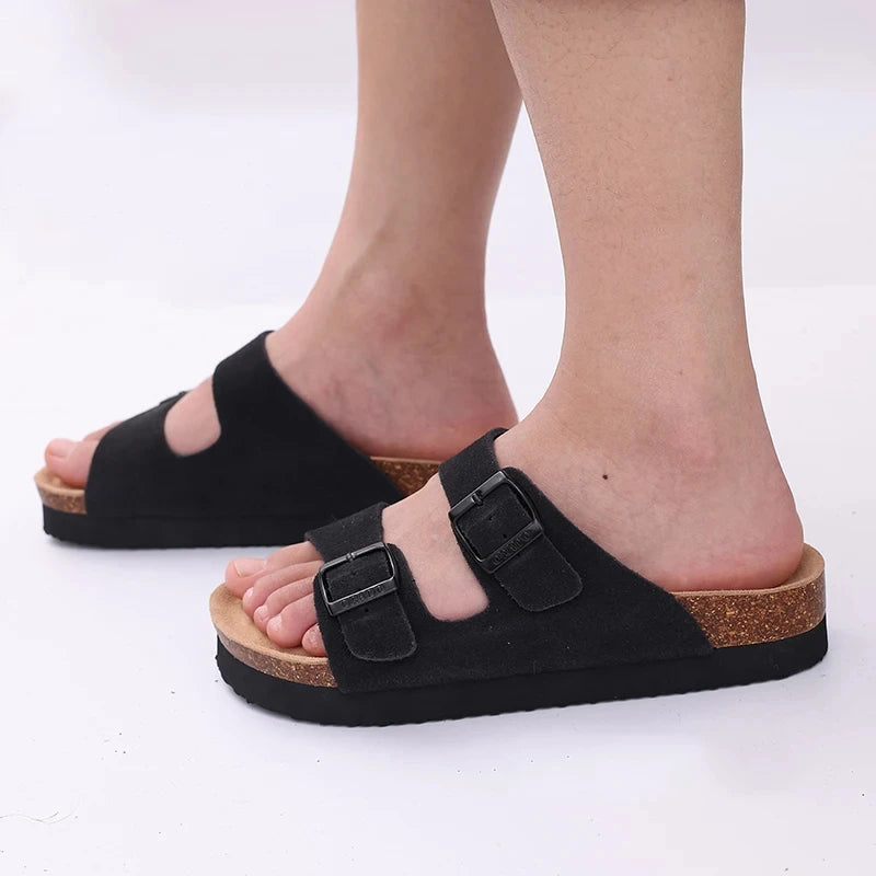 Litfun Women's Cork Footbed Sandals Classic Flat Sandals Fashion Thick Bottom Double Buckle Slides Beach Sandals With Adjustable