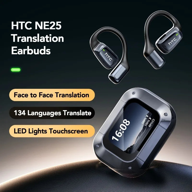 Headphones Bluetooth V6.0 HTC NE25 Ai Translator Wireless Earphones HD LCD Display Low latency Extremely Comfortable for Music