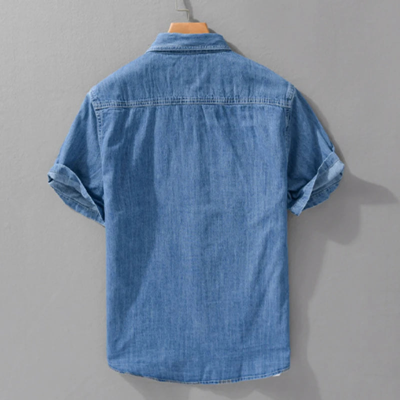 Summer New Casual Denim Short Sleeve Shirts Men Clothing Pure Cotton Slim and Thin Soft Streetwear FY9358