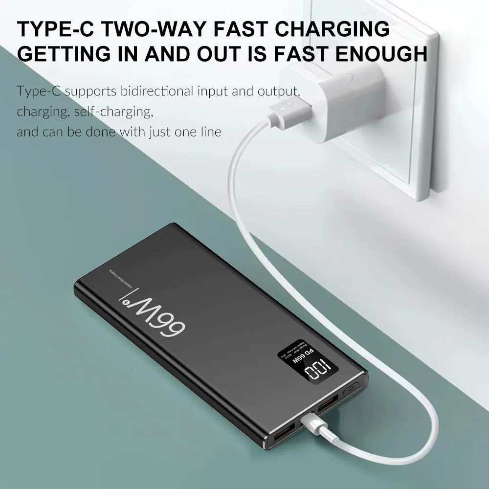 66W Super Fast Charging Power Bank 20000mAh Portable Li-Polymer Battery Dual USB PD 20W Fast Charger for Mobile Phone Black