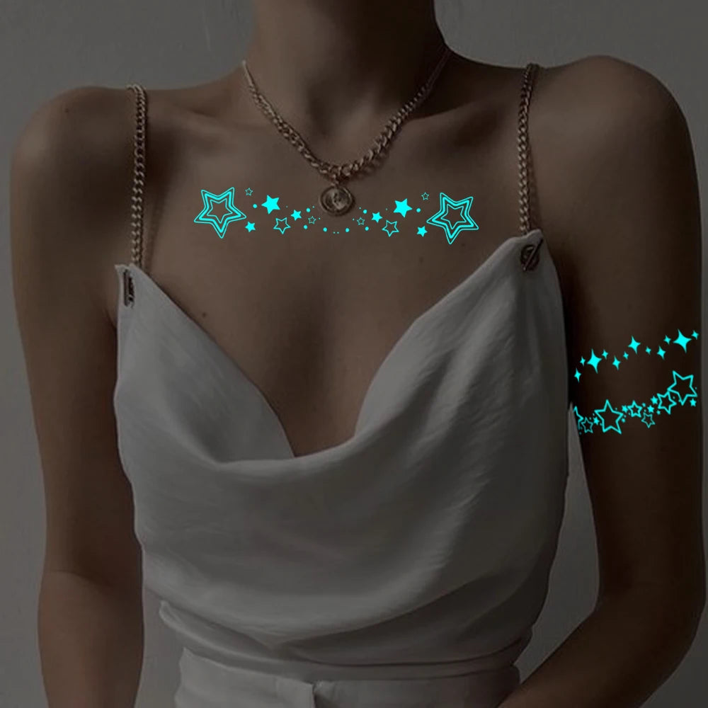 5pcs Blue Luminous Glow Waterproof Temporary Tattoo Sticker Moon Star Heart  Line Flash Tato Women Men Arm Body Art Fake Tattoos