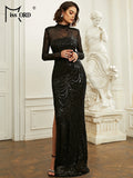 Missord Black Sequin Wedding Dress Elegant Women Turtleneck Long Sleeve Side Split Bodycon Party Prom Dresses Long Evening Gown