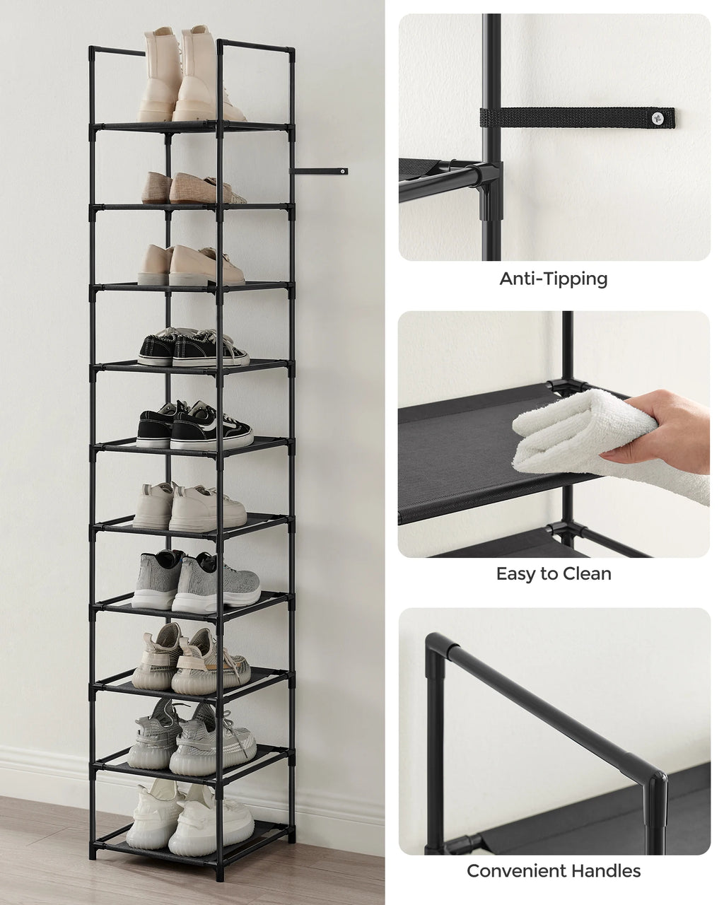 SONGMICS 10-Tier Shoe Rack, Shoe Stand, Space-Saving Shoe Storage, 33 x 33 x 173 cm, Metal Frame, Non-Woven Fabric Shelves
